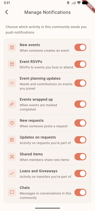 Manage Notifications screen with per-event-type toggles: New events, Event RSVPs, Event planning updates, Events wrapped up, New requests, Updates on requests, Shared items, Loans and Giveaways, Chats.