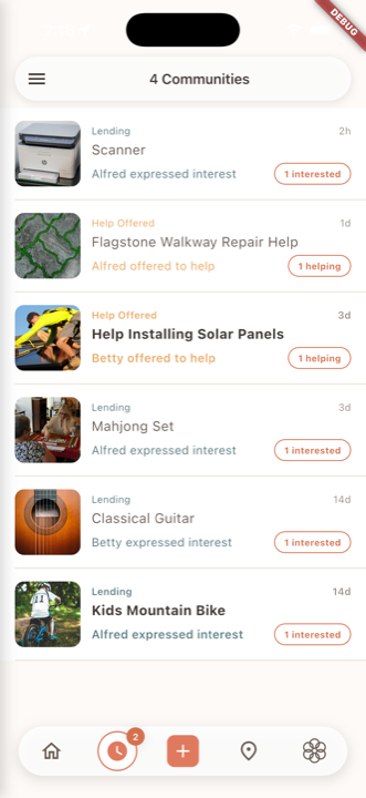 The new timeless inbox showing six watched items across four communities: a scanner being lent (Alfred expressed interest), a flagstone-walkway-repair help offered, help installing solar panels (Betty offered), a mahjong set, a classical guitar, and a kid's mountain bike. Each row shows the item type, title, the most recent activity, and an interest count.