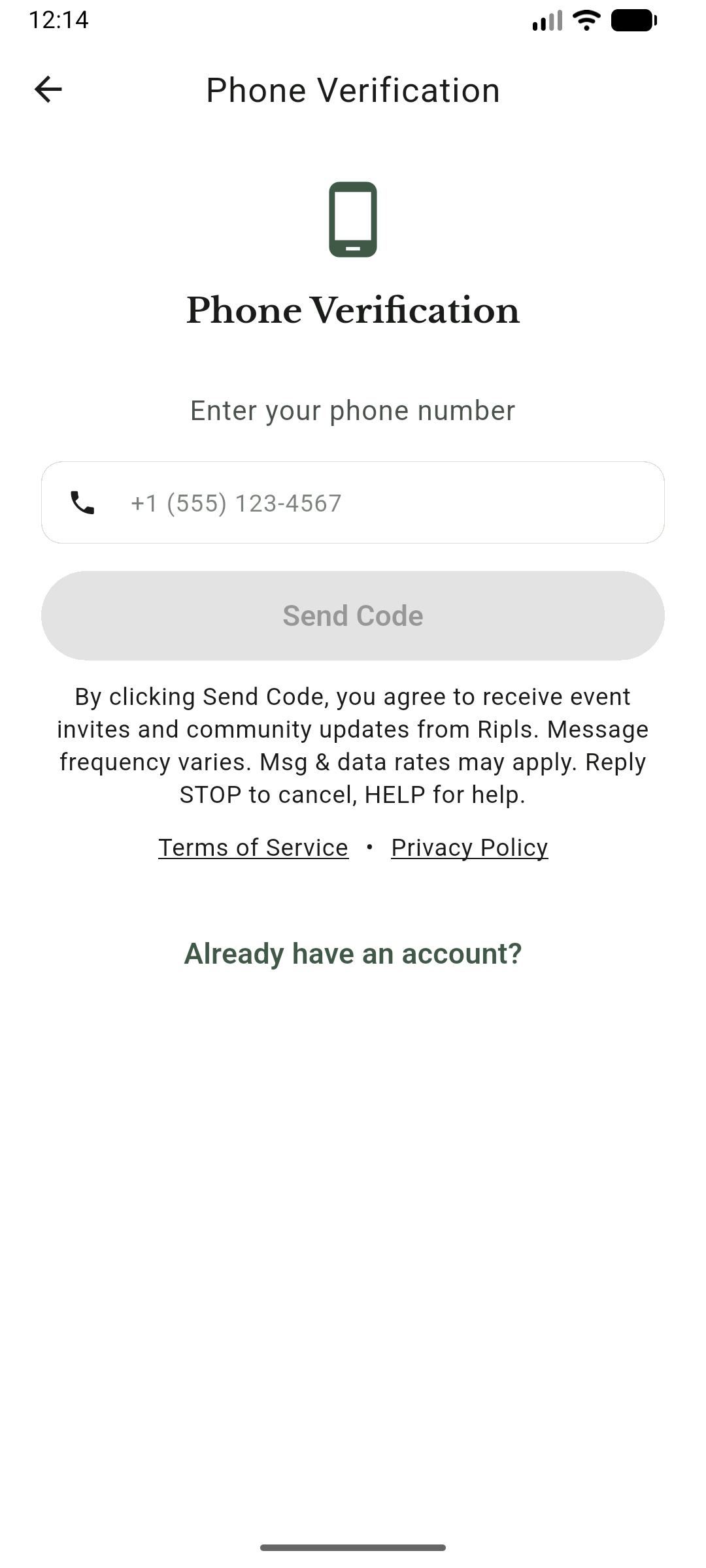 Ripls mobile app phone-entry screen showing the phone number field, the Send Code button, the SMS consent disclosure directly beneath it, and Terms of Service and Privacy Policy links.