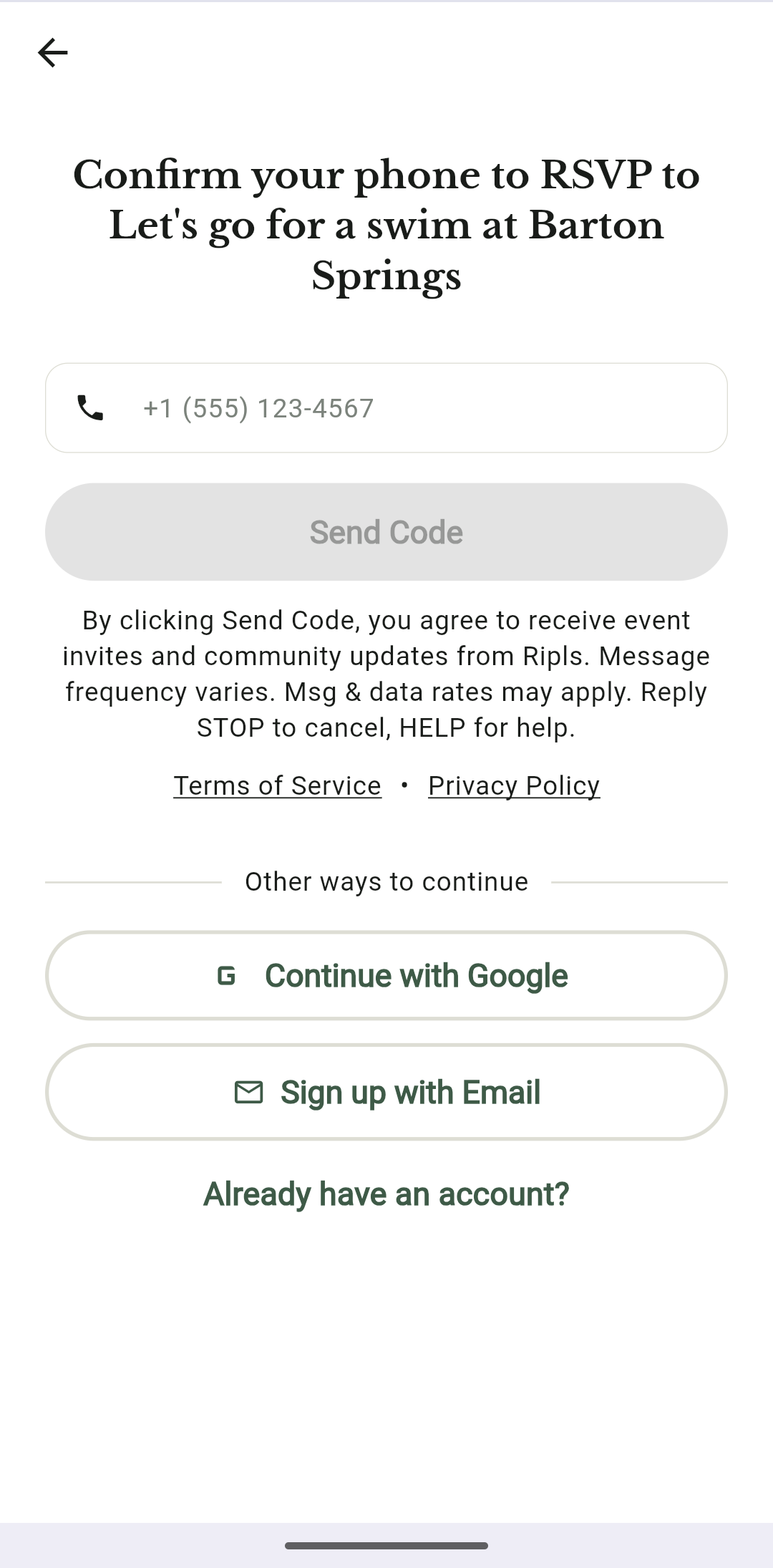 Ripls web phone-entry screen showing the phone number field, the Send Code button, the SMS consent disclosure directly beneath it, and Terms of Service and Privacy Policy links.